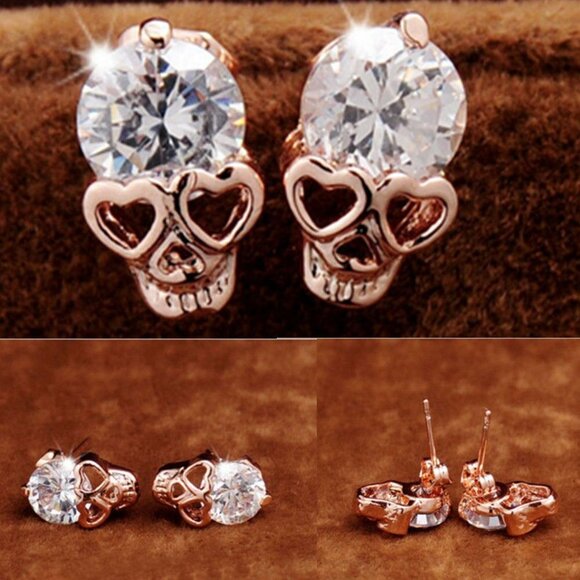 Dainty Rose Gold Tone Crystal Skull Pierced Earrings - Picture 2 of 3